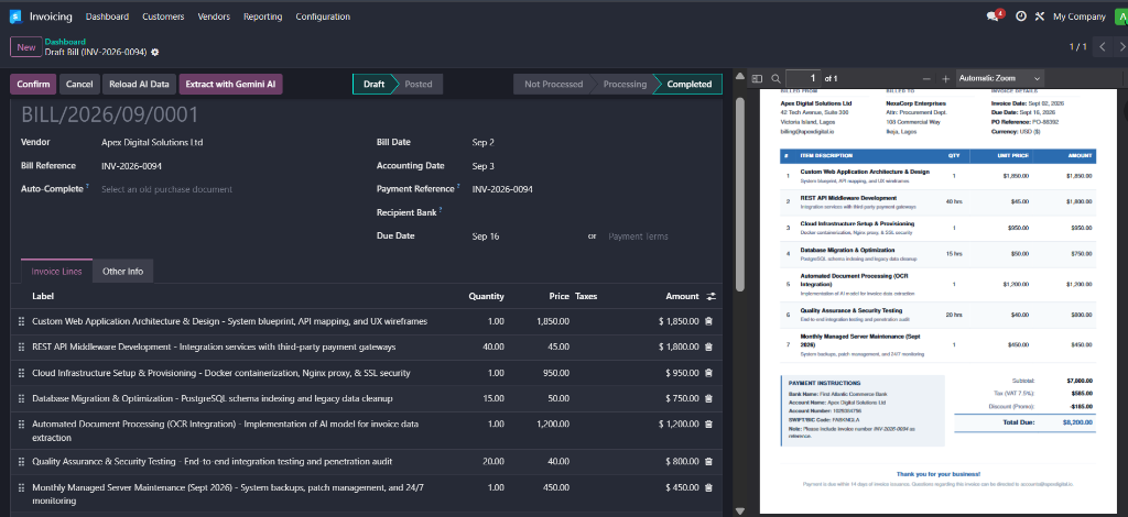 Odoo Vendor Bill OCR Split View